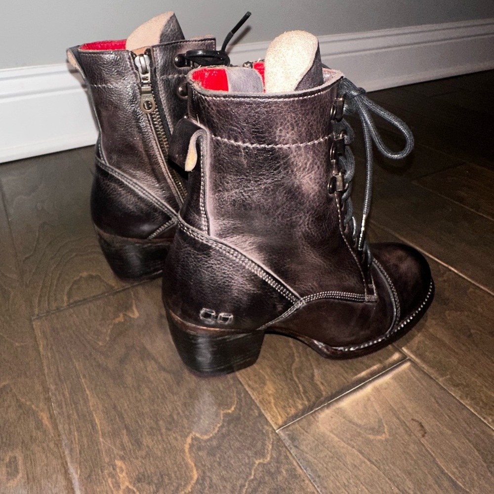 BED|STU Brown Lace-Up Leather Ankle Boots with Red Lining - Picture 5 of 16